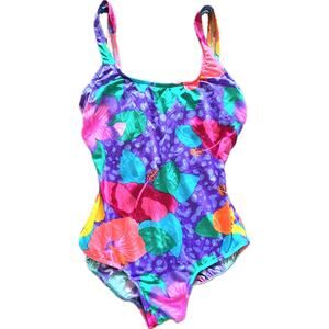Vintage Island Native Swimsuit Leotard Hawaiian Floral Neon 14 80s 90s